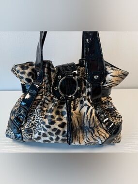 Womens Leopard Print Shoulder Bag with Black Patent Trim